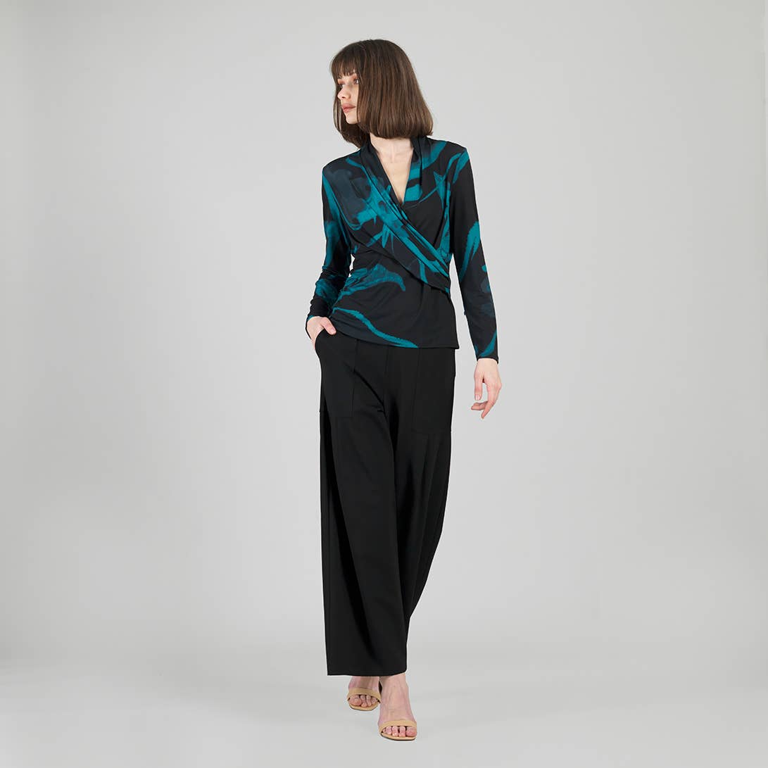 14P4 Teal/Black Draped V-Neck Top CSW