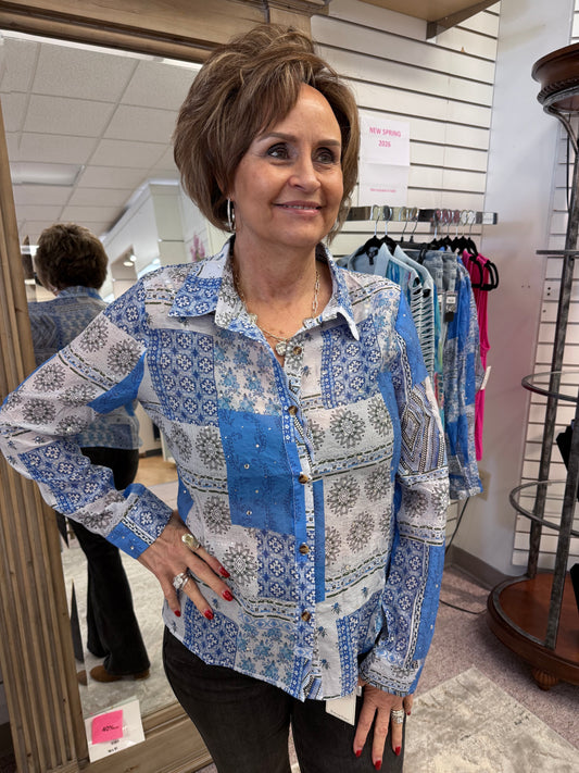 3337 Tamara Blue Rhinestone Top AZI