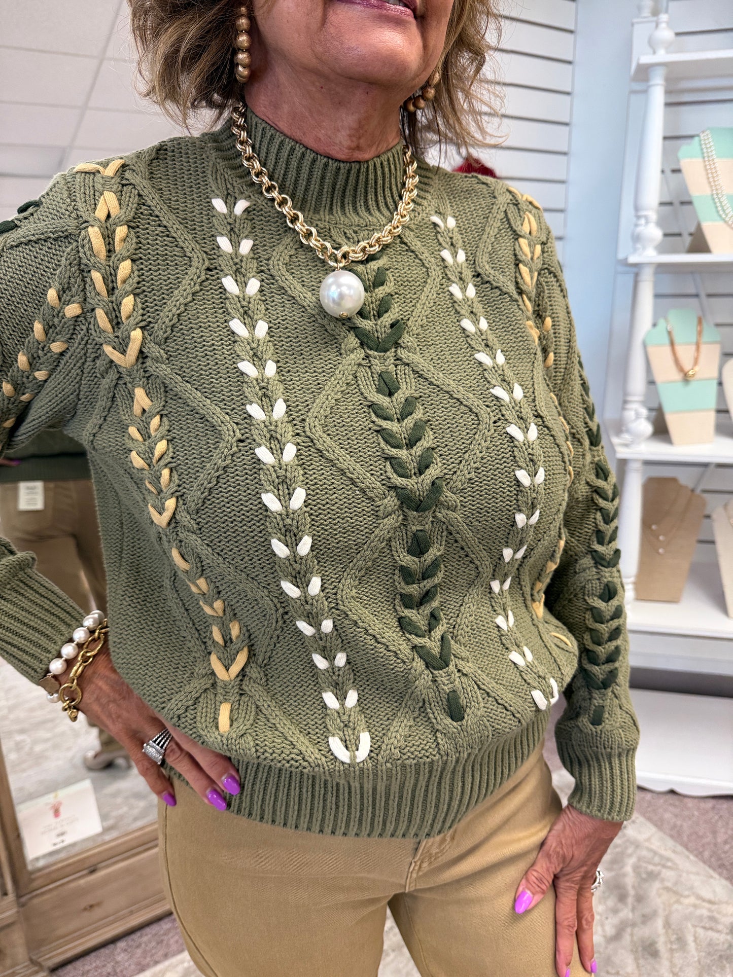 3129 Cable Lace Up Sweater HTI
