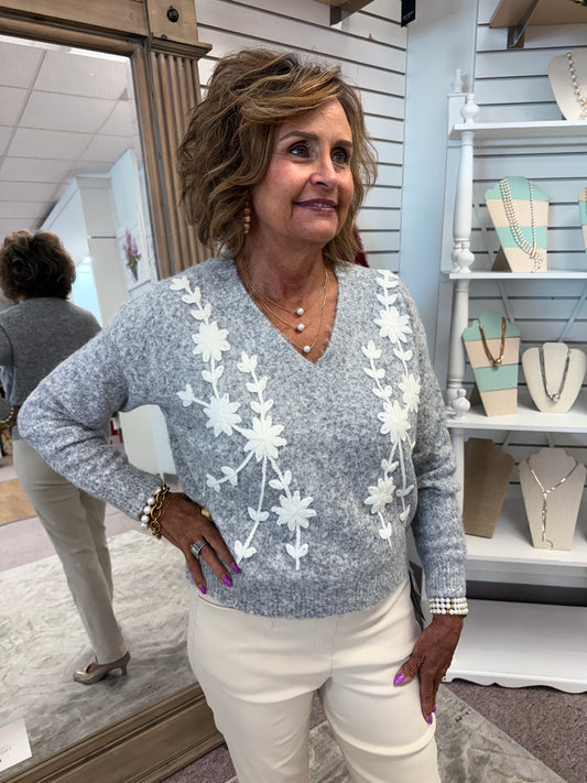 5452 Floral Applique Sweater RAIN