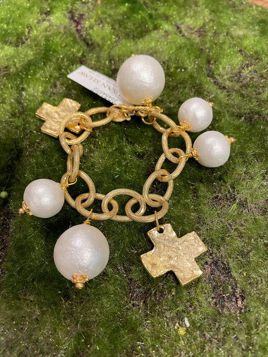 2827 Gold Cross/Cotton Pearl Bracelet SSC
